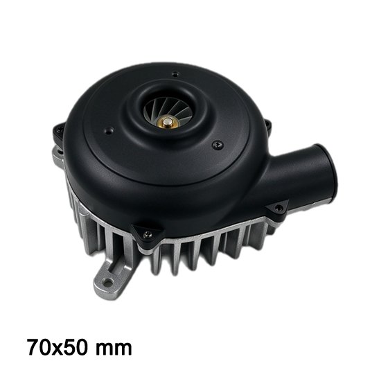 BA7050H12B-C-U 12V centrifugal air blower top angled shot, visible impeller, brushless DC fan