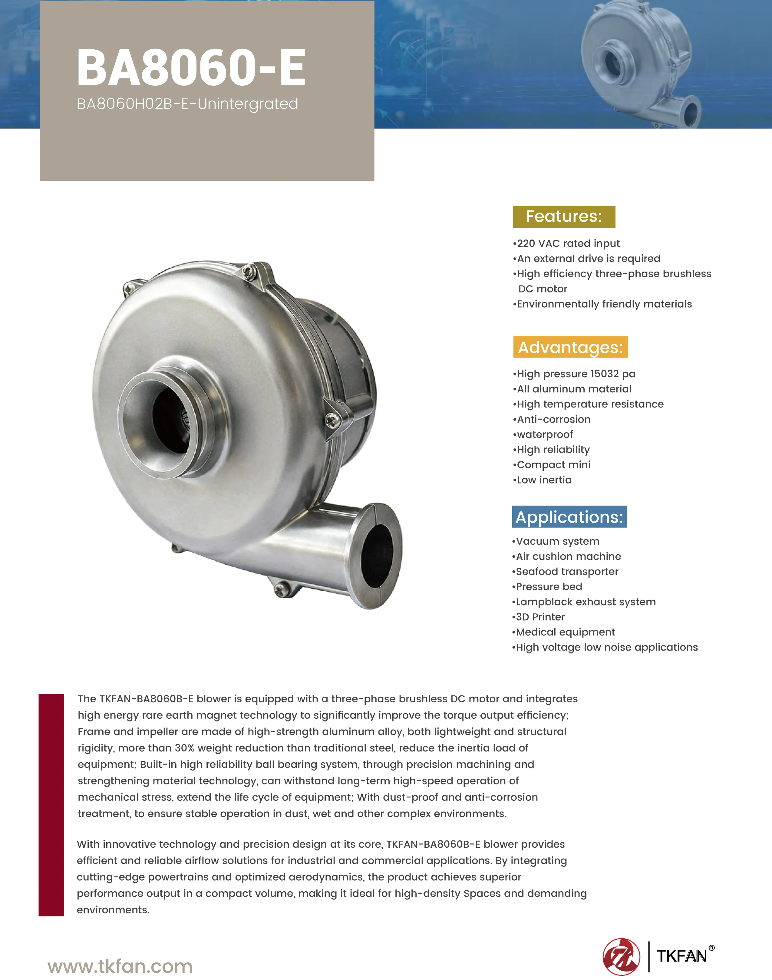 220V Air Blower BA8060H02B-E-Unintegrated Specification Sheet