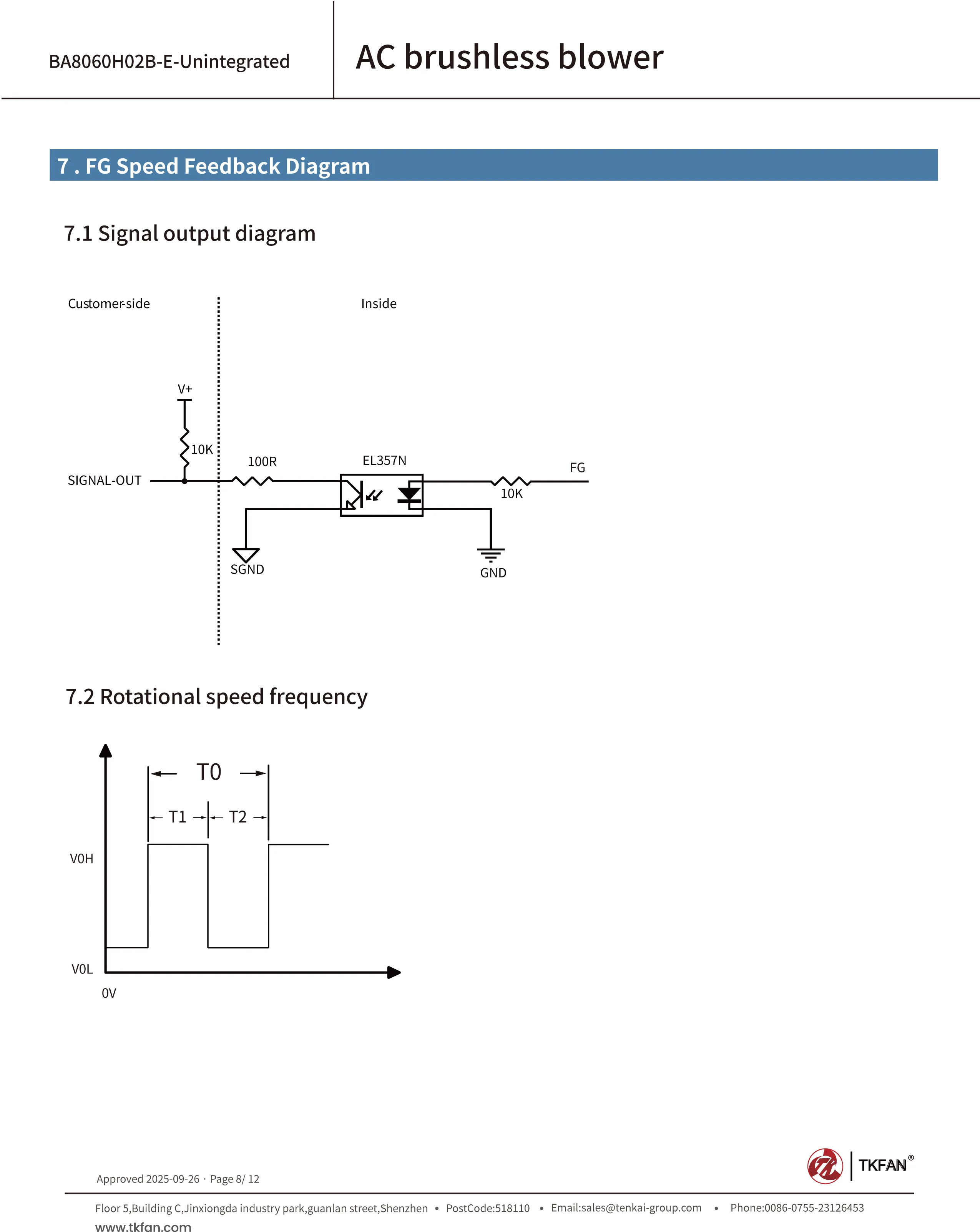 220V Air Blower BA8060H02B-E-Unintegrated FG Speed Feedback Diagram