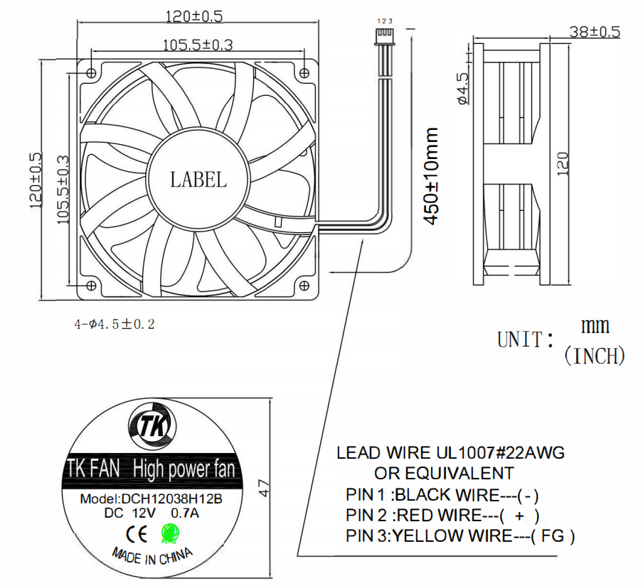 Detailed mechanical structure drawing and dimensions for 12V DC cooling fan DCH12038H12B-0201