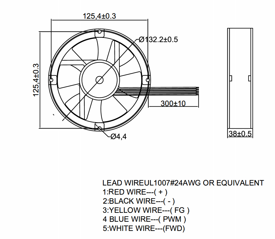 Round fan DA12038H12B-2600422 dimensions drawing