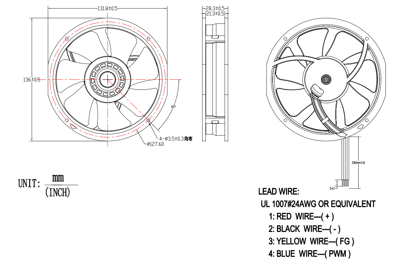 Round fan DA13628H12B-A dimensions drawing