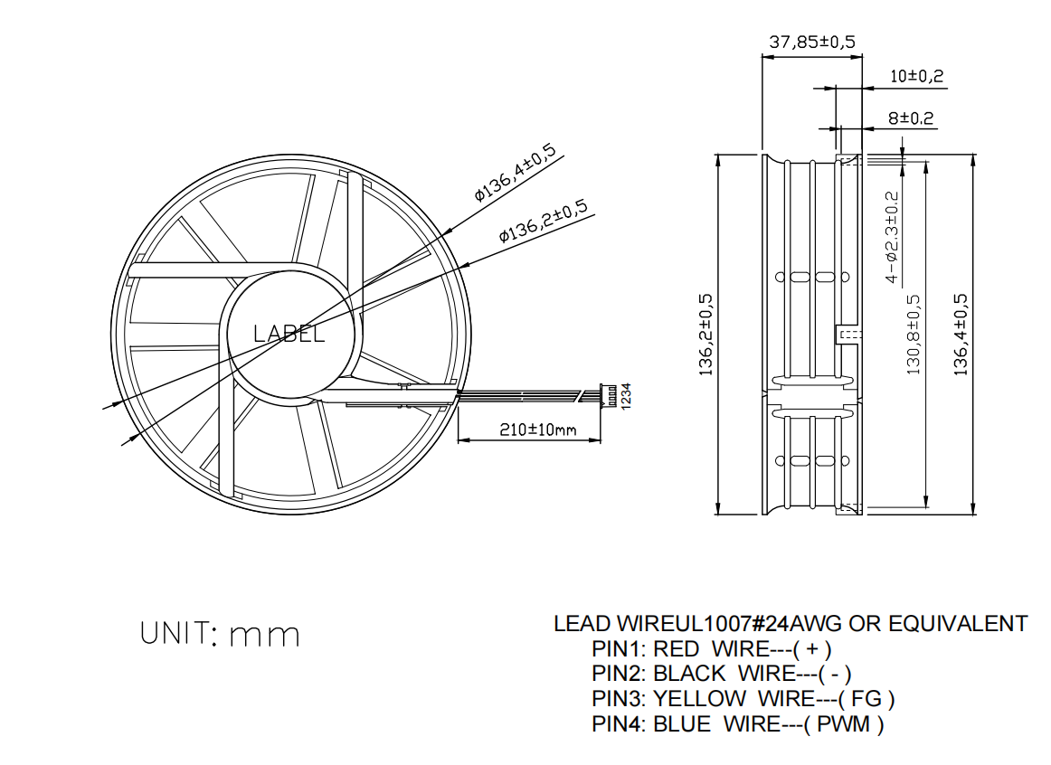 Round fan DA14038H12B-B dimensions drawing