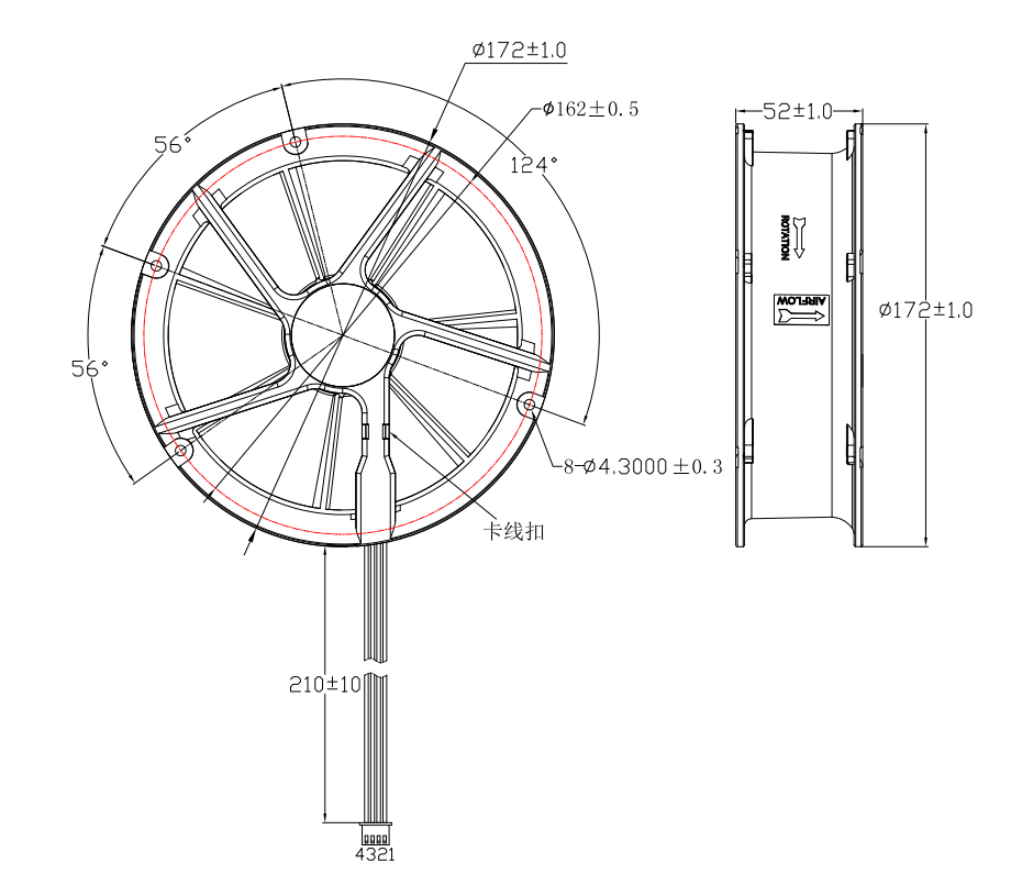 Round fan DA17251L12B-A dimensions drawing Round fan DA17251L12B-A dimensions drawing