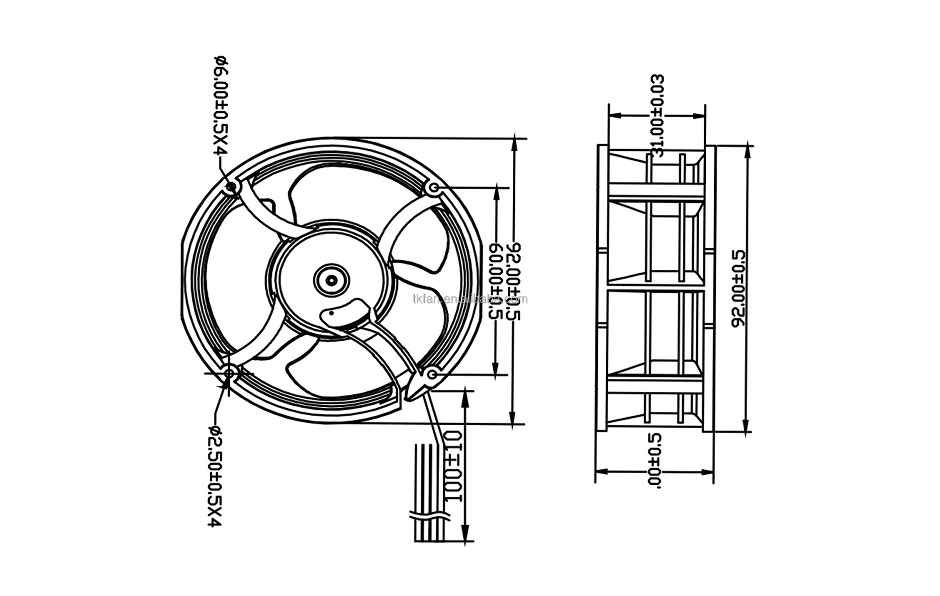 Round fan DA9238H12B dimensions drawing Round fan DA9238H12B dimensions drawing