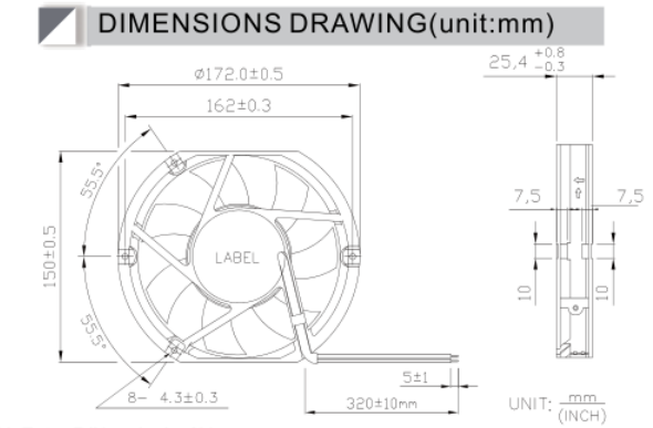 48V DC fan DA17225VH48B-A mechanical dimensions drawing, 172x150x25mm replacement for Delta AFB1548VH-CD8G