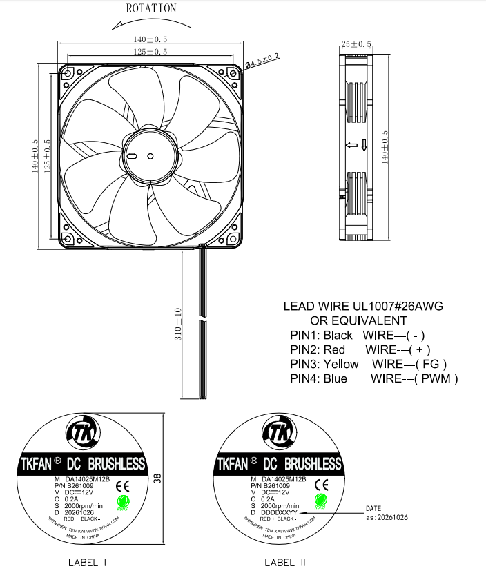 12V DC fan DA14025M12B-B261009 dimensions drawing
